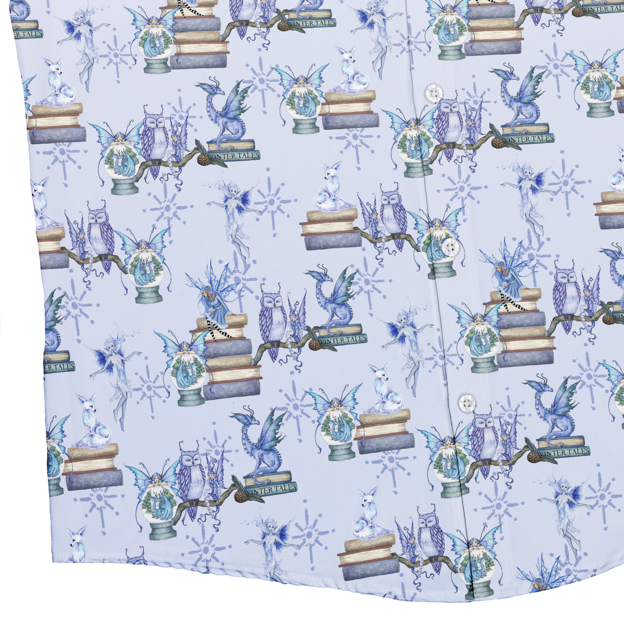 Whimsical Winter Reads Button Up Shirt Bottom Corner