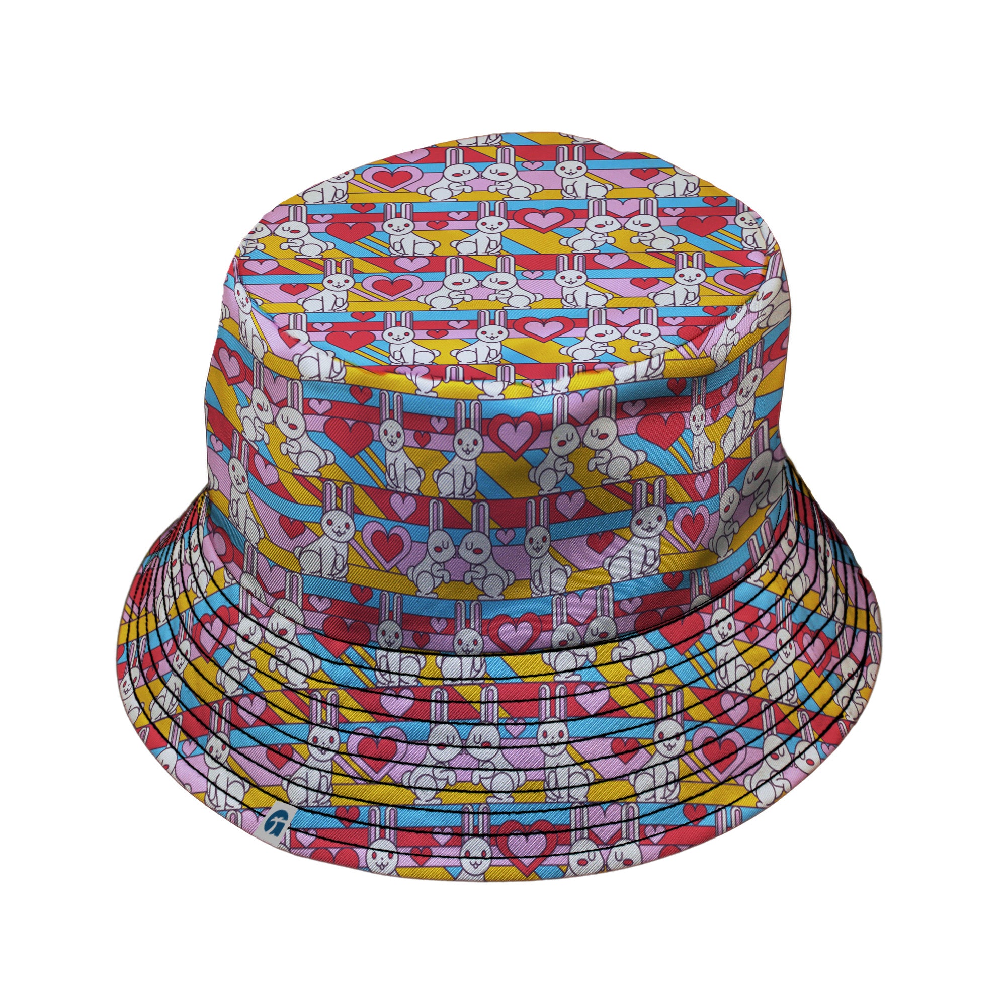 White Bunnies In Love Bucket Hat Black Stitching