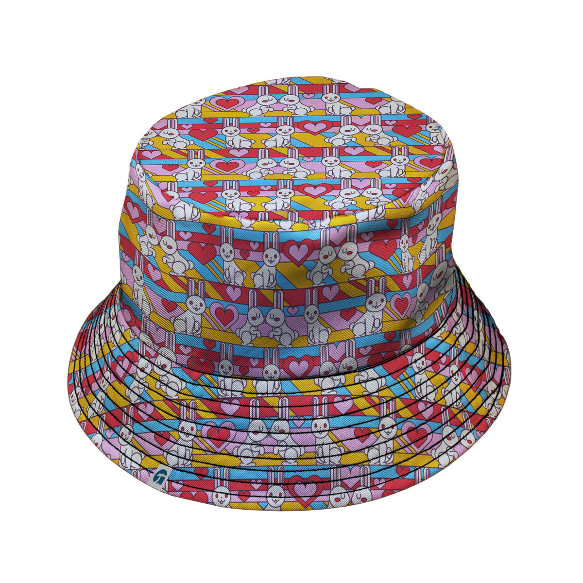 White Bunnies In Love Bucket Hat Black Stitching