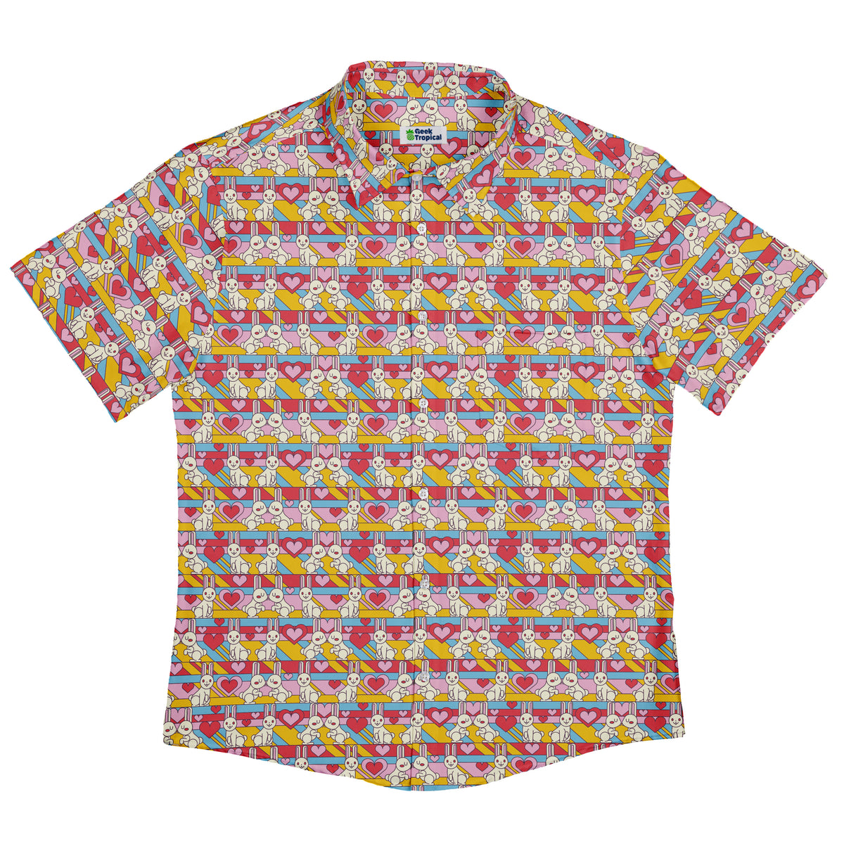 White Bunnies In Love Button Up Shirt Flat Front