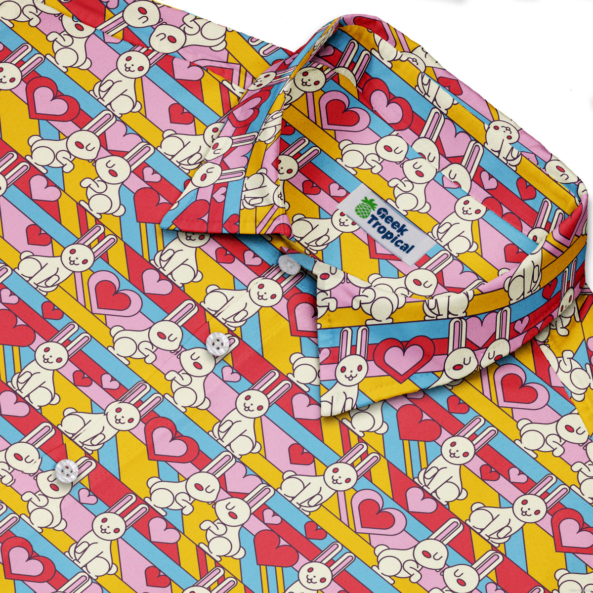 White Bunnies In Love Button Up Shirt Neck