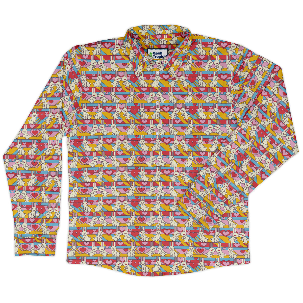 White Bunnies In Love Long Sleeve Button Up Shirt front