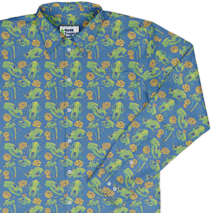 Wildfang Flora Blue Long Sleeve Button Up Shirt Geek Nerd adult sizing animal patterns botany print