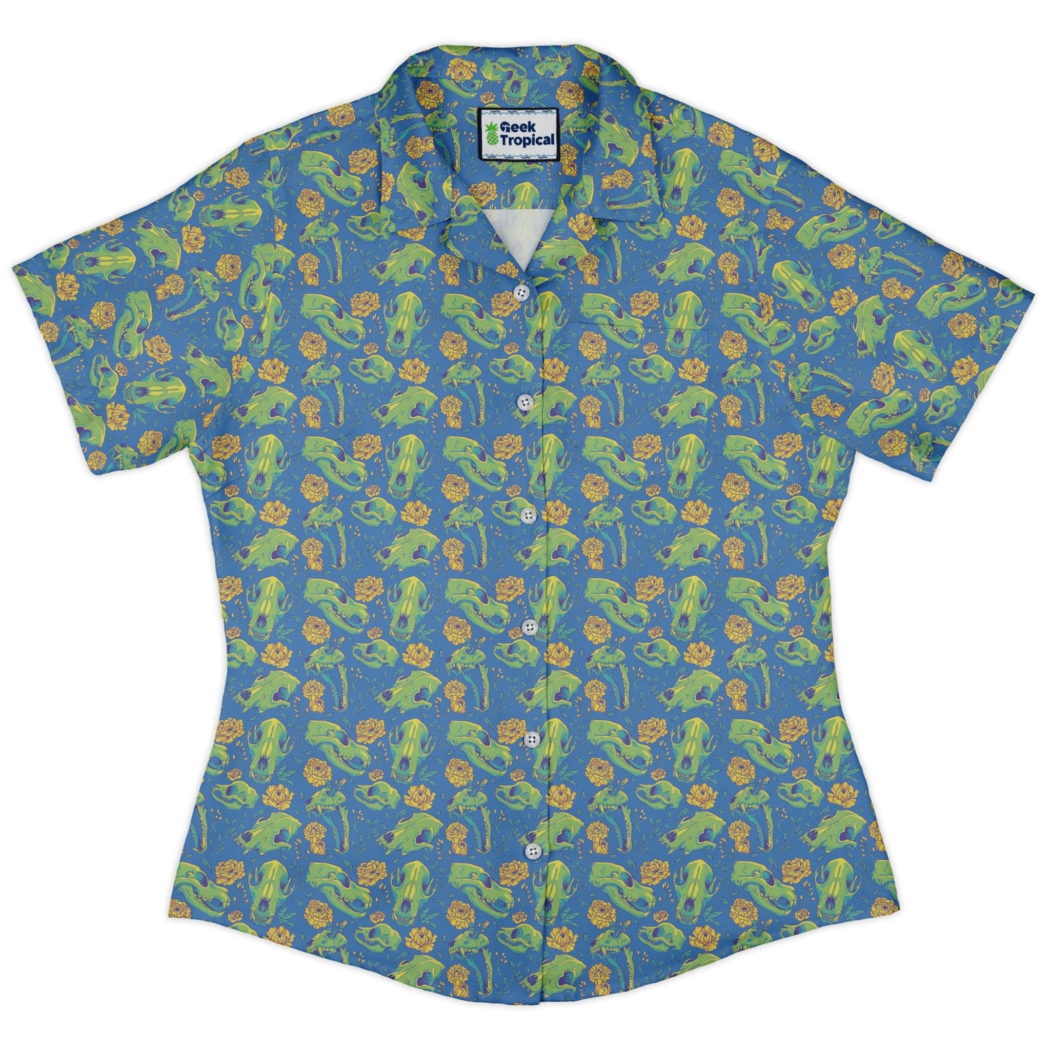 Wildfang Flora Blue Curvy Button Up Shirt Geek Nerd animal patterns botany print Design by Julie Kitzes