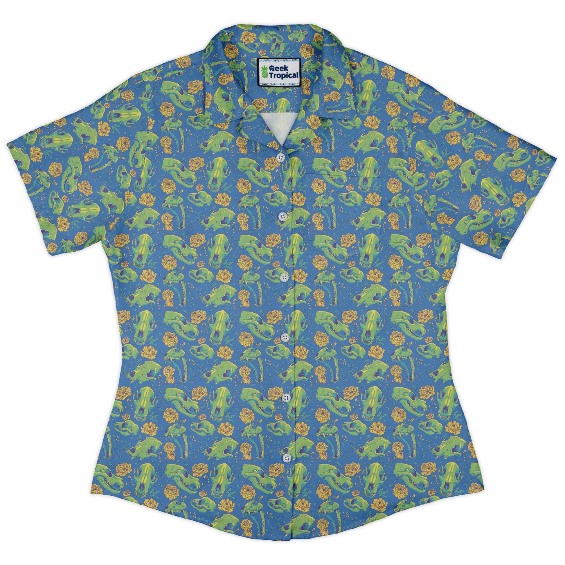 Wildfang Flora Blue Curvy Button Up Shirt Geek Nerd animal patterns botany print Design by Julie Kitzes