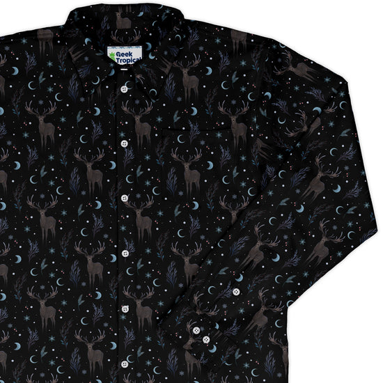 Winter Deer Long Sleeve Button Up Shirt Geek Nerd adult sizing Botany Print Christmas Print
