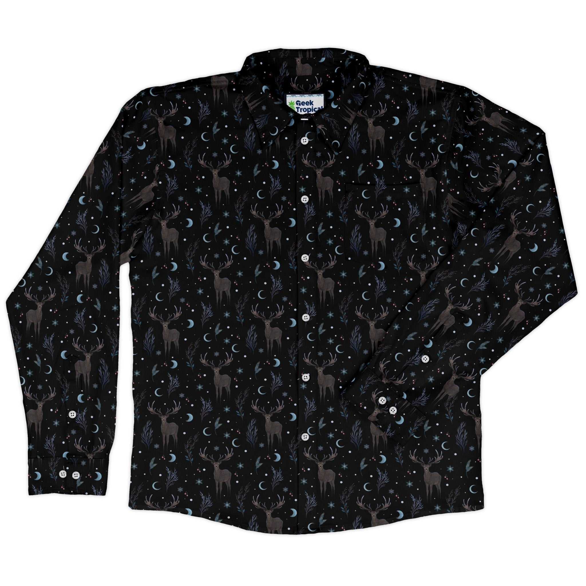 Winter Deer Long Sleeve Button Up Shirt Geek Nerd adult sizing Botany Print Christmas Print