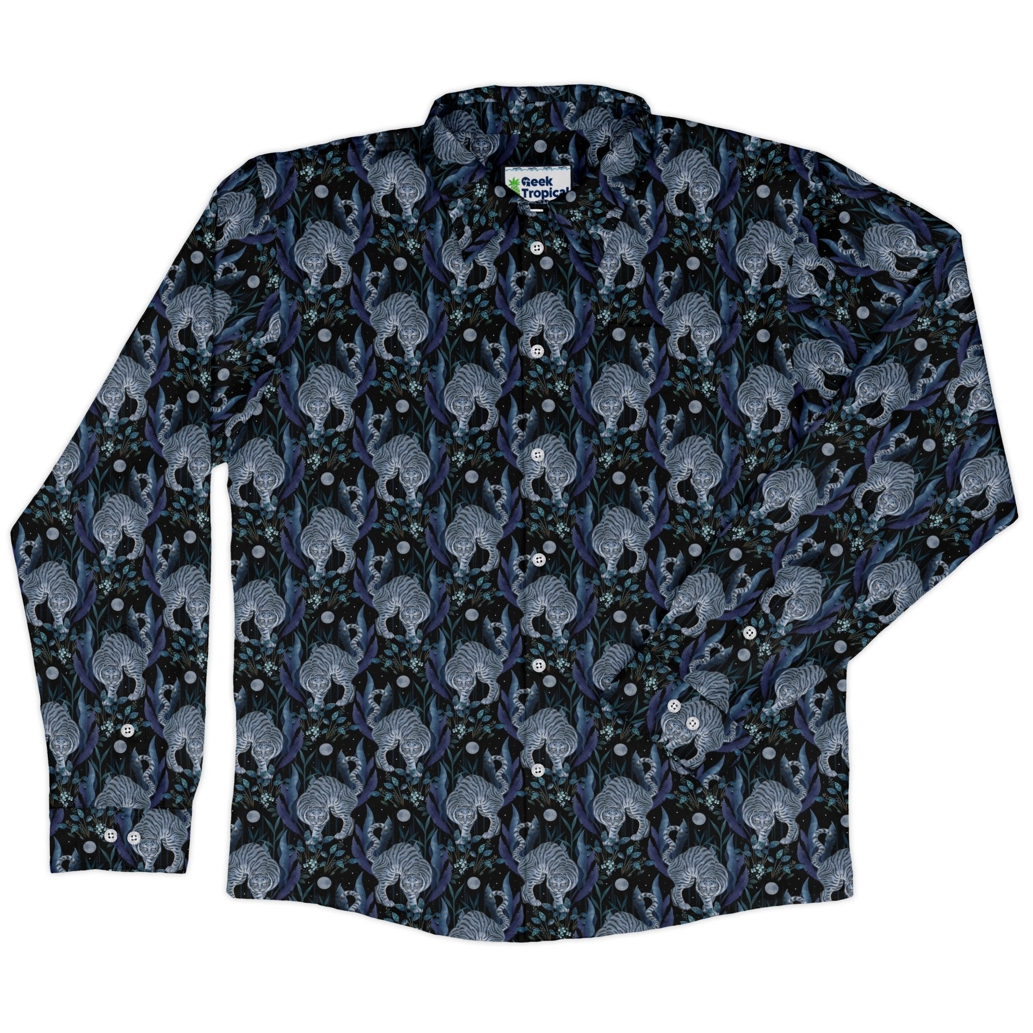Year of the Tiger Blue Long Sleeve Button Up Shirt Geek Nerd adult sizing Botany Print Design by Episodic