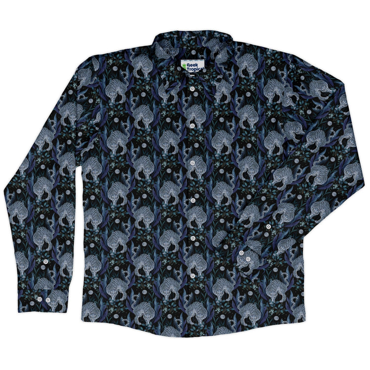 Year of the Tiger Blue Long Sleeve Button Up Shirt Geek Nerd adult sizing Botany Print Design by Episodic