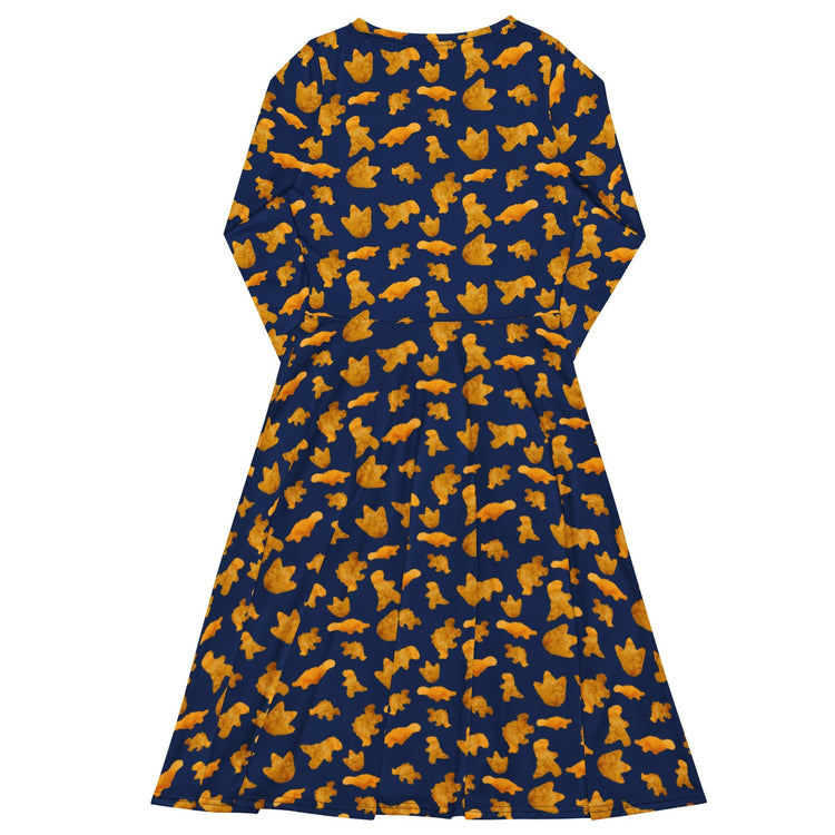 Nerdy Dinosaur Chicken Nuggets Blue Long Sleeve Midi Dress