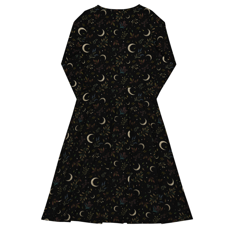 Nerdy Episodic Crescent Moon Garden Long Sleeve Midi Dress