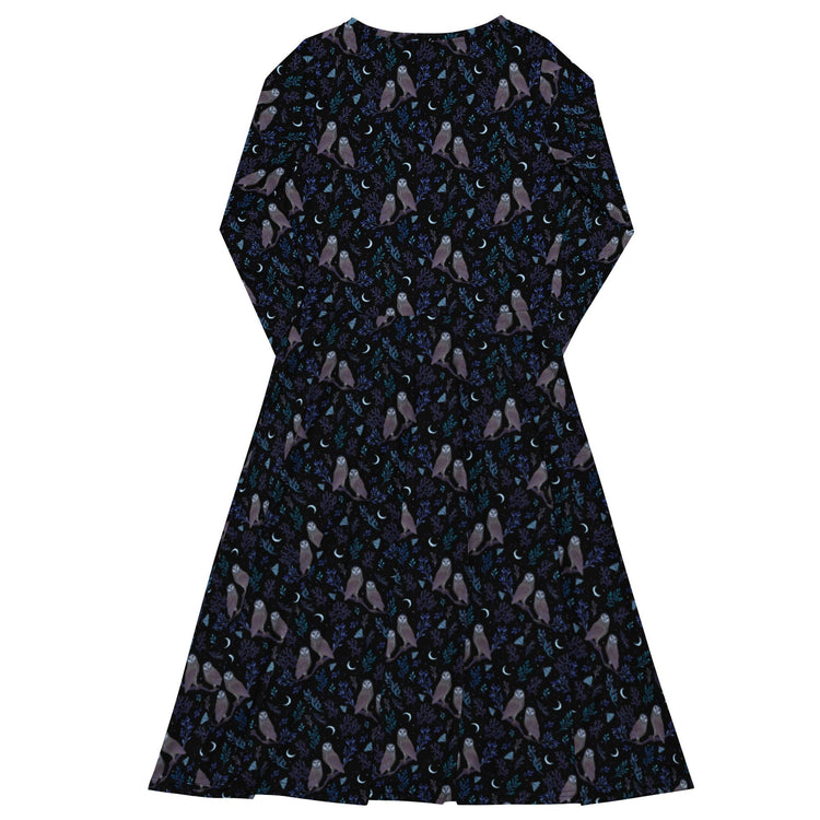 Nerdy Episodic Owl Floral Long Sleeve Midi Dress