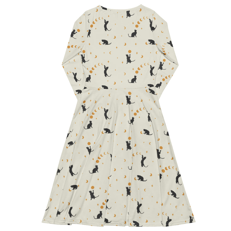 Nerdy Episodic Cat Catching the Moon Long Sleeve Midi Dress