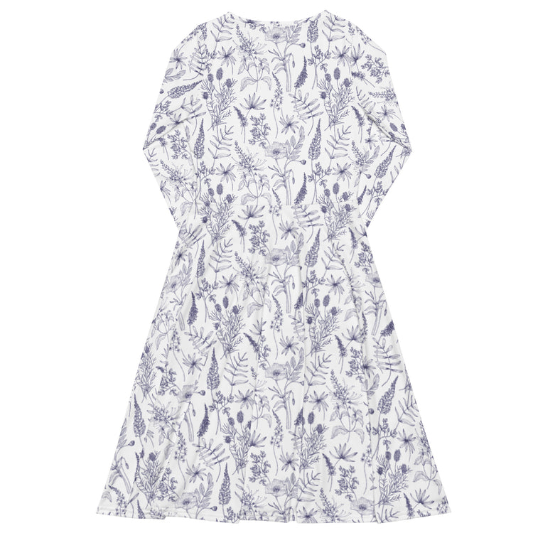 Nerdy Simple Botany Flowers Herbs White Blue Long Sleeve Midi Dress