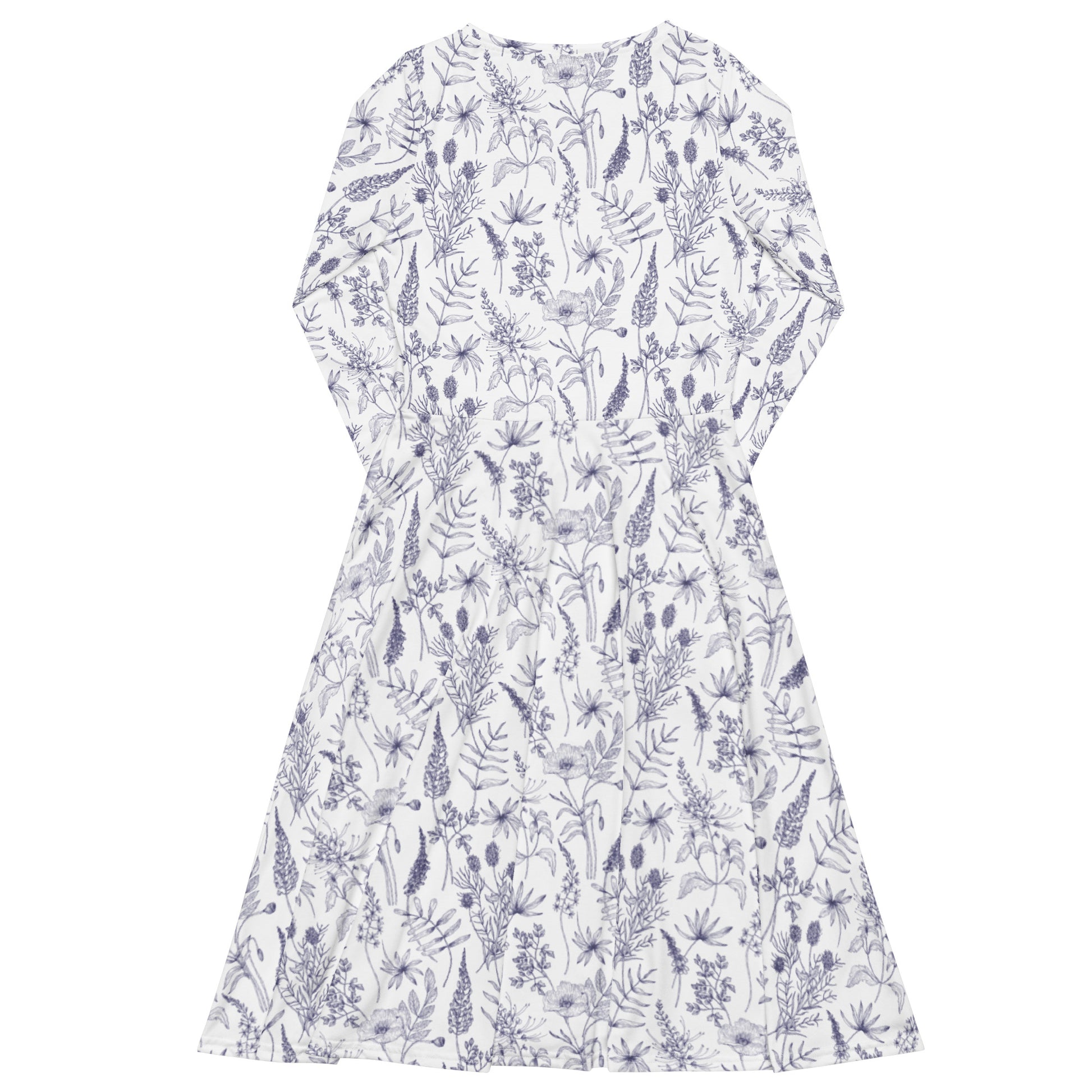 Simple Botany Flowers Herbs White Blue Long Sleeve Midi Dress 8
