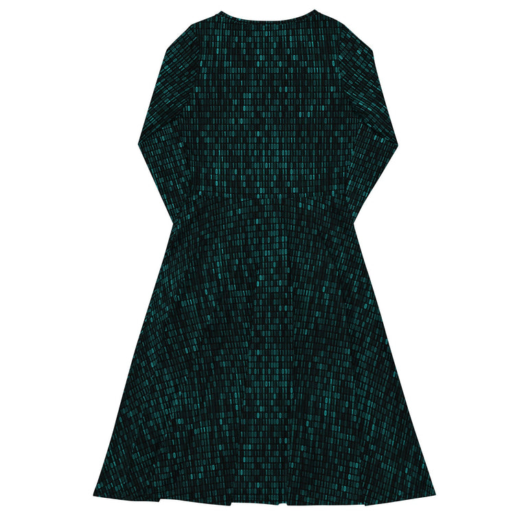 Nerdy Binary Computer 1s and 0s Teal Black Long Sleeve Midi Dress