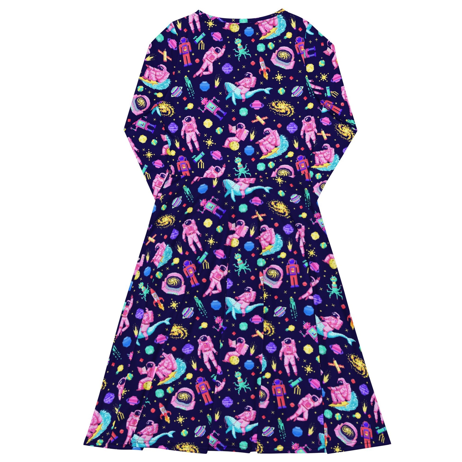 Astronaut Pixels Outer Space Purple Blue Long Sleeve Midi Dress 8