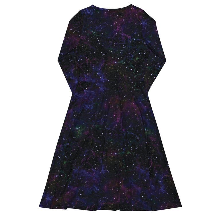 Nerdy Beautiful Nebula Outer Space Long Sleeve Midi Dress
