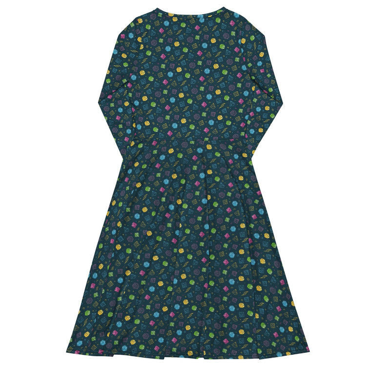 Nerdy Dnd RPG Dice Blue Long Sleeve Midi Dress