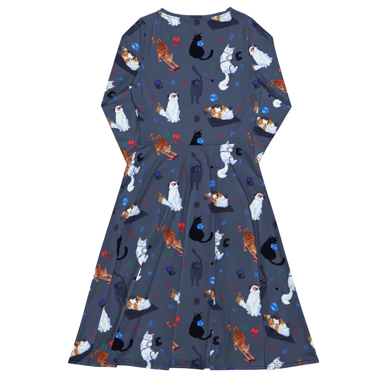 Nerdy Video Game Cats Light Long Sleeve Midi Dress