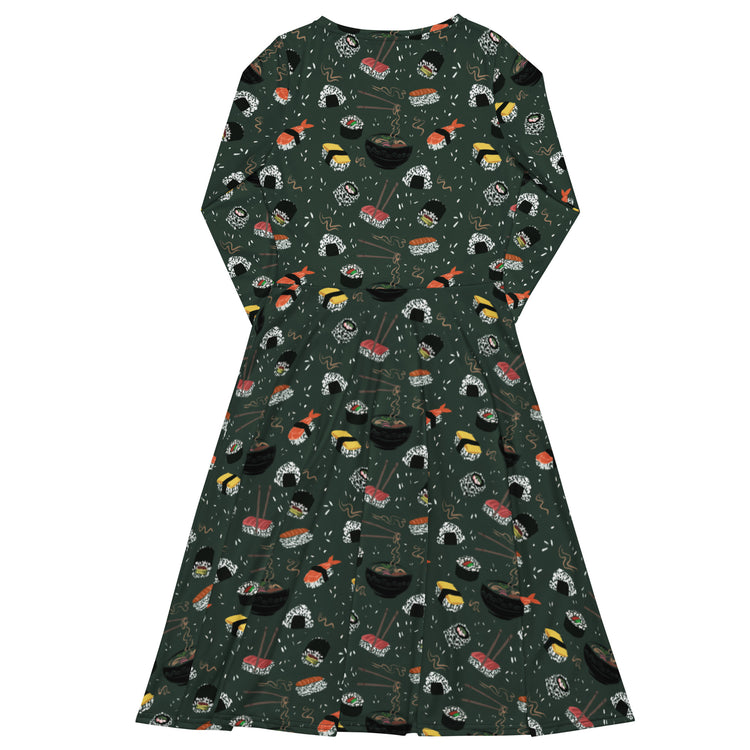 Nerdy Oishi Sushi Green Long Sleeve Midi Dress