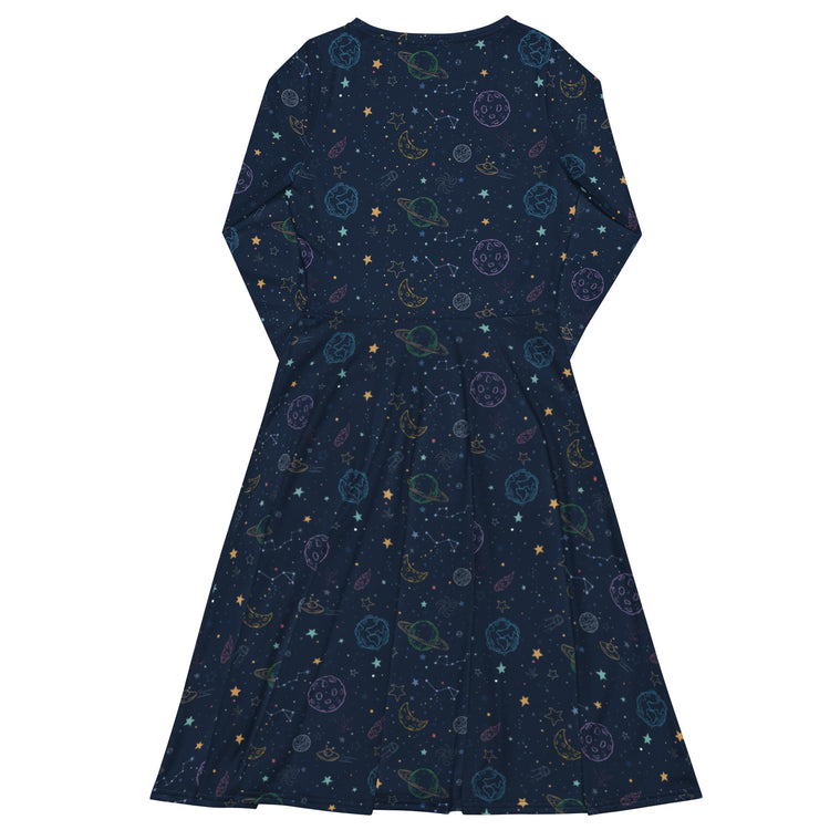 Nerdy Space Doodles Blue Long Sleeve Midi Dress