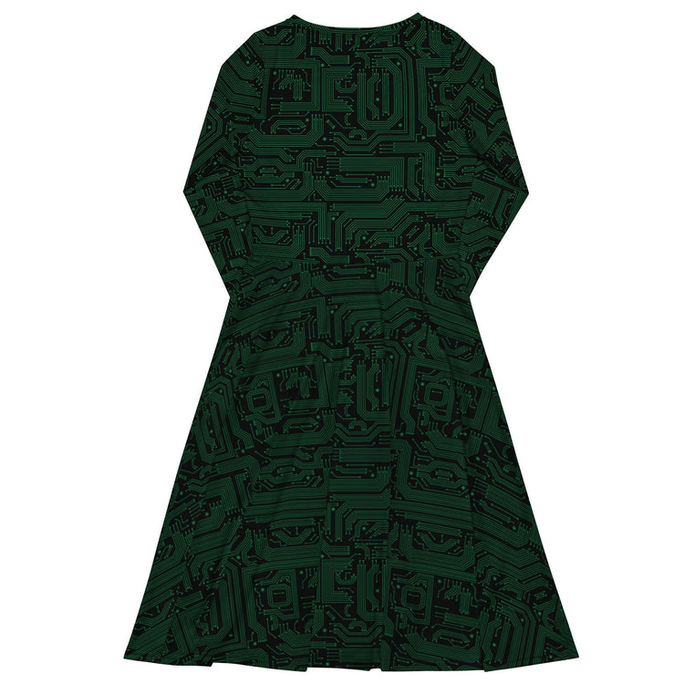 Nerdy Green Computer Circuits Long Sleeve Midi Dress