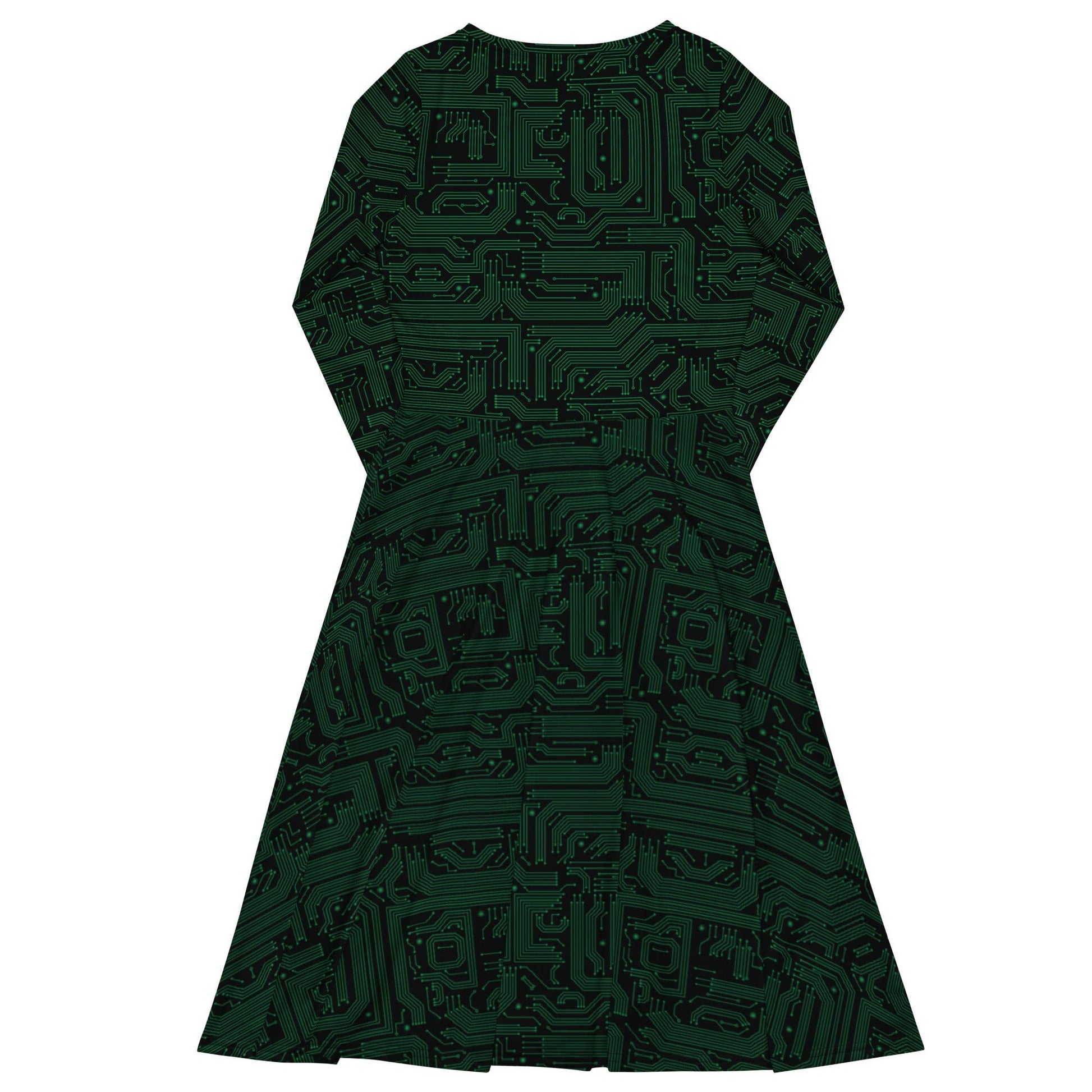 Green Computer Circuits Long Sleeve Midi Dress 8