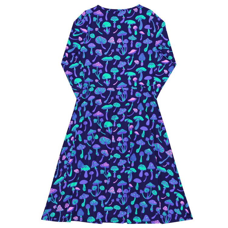 Nerdy Psychedelic Mushrooms Long Sleeve Midi Dress