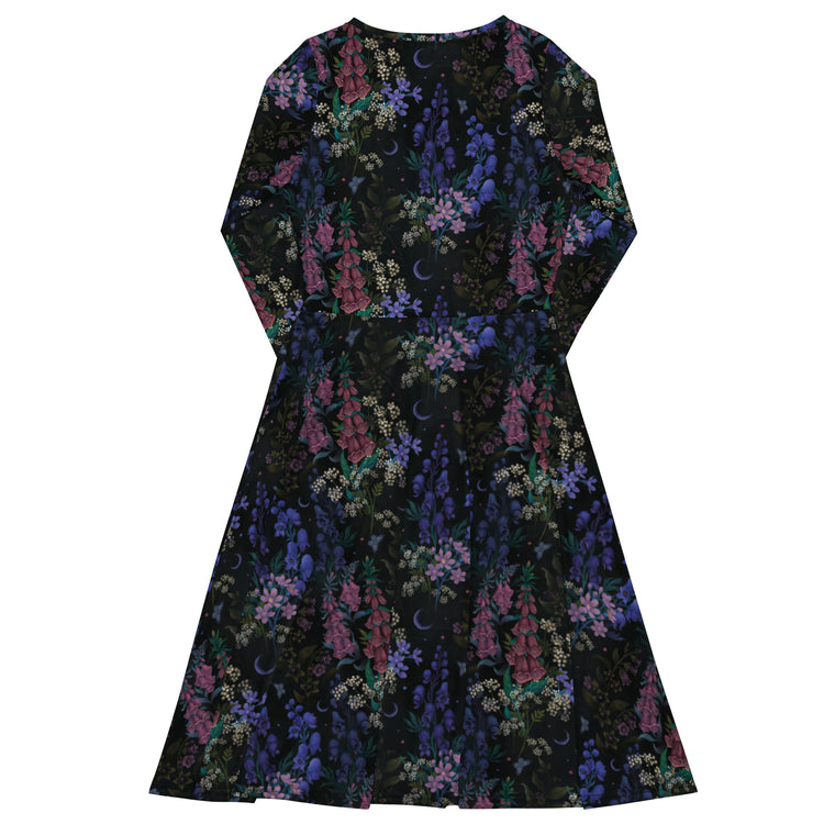 Nerdy Floral Purple Night Long Sleeve Midi Dress