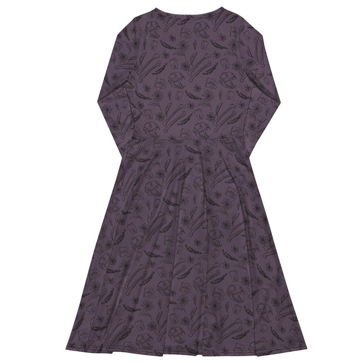 Nerdy Bones and Flowers Purple Long Sleeve Midi Dress