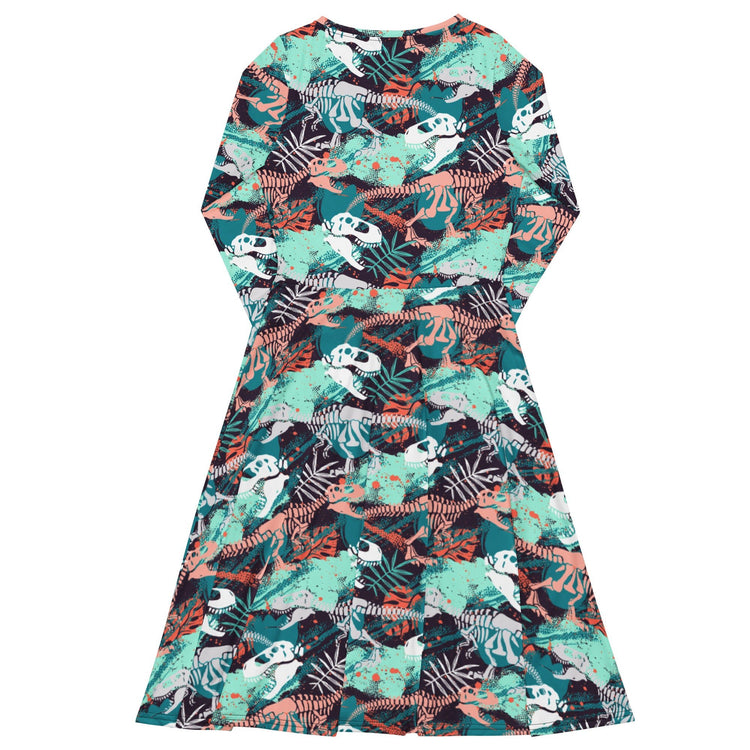 Nerdy T - Rex Bones Footprints Green Long Sleeve Midi Dress