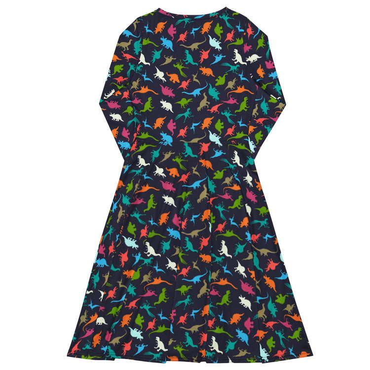 Nerdy Colorful Dinosaur Silhouettes Navy Long Sleeve Midi Dress