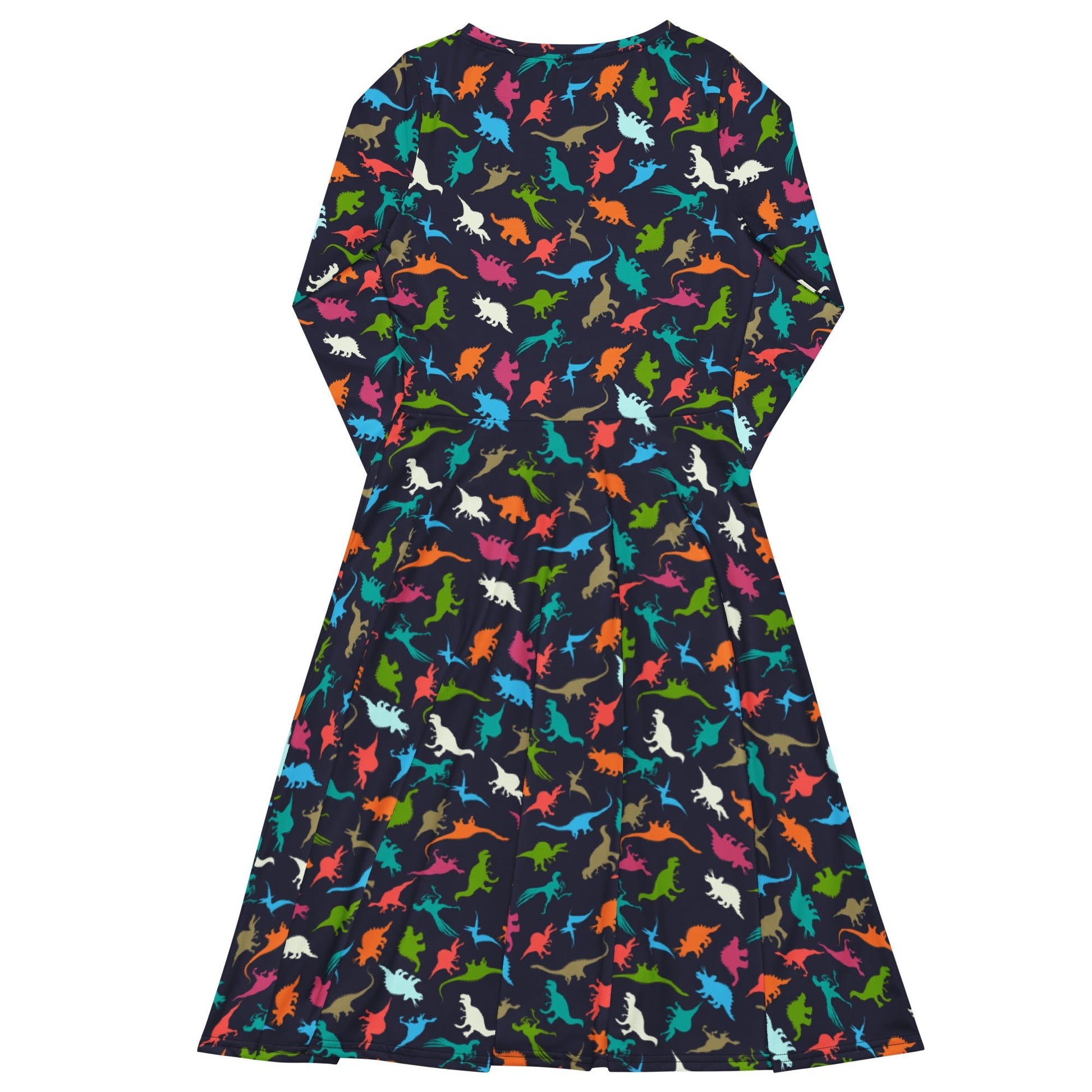 Colorful Dinosaur Silhouettes Navy Long Sleeve Midi Dress 8