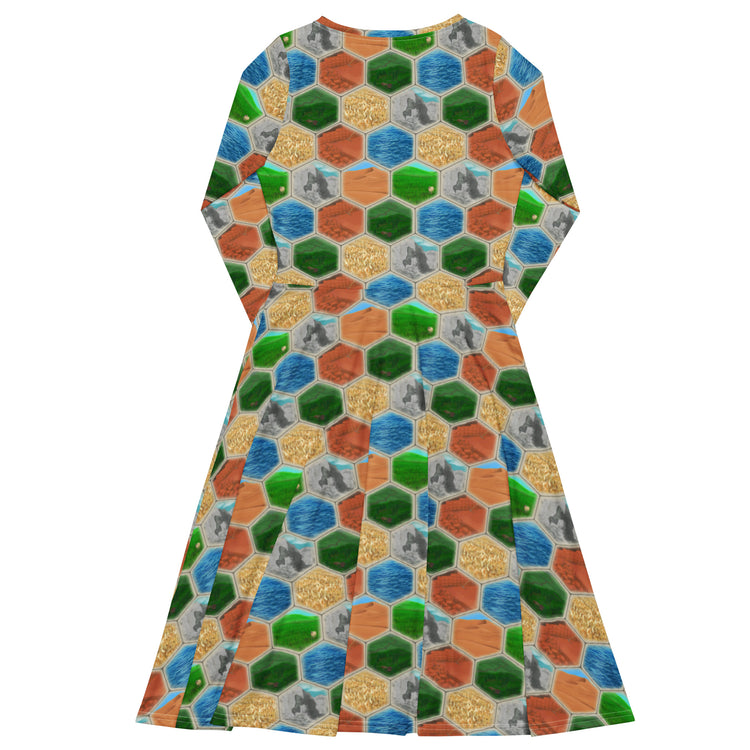 Nerdy Hexagon Tile Board Game Long Sleeve Midi Dress