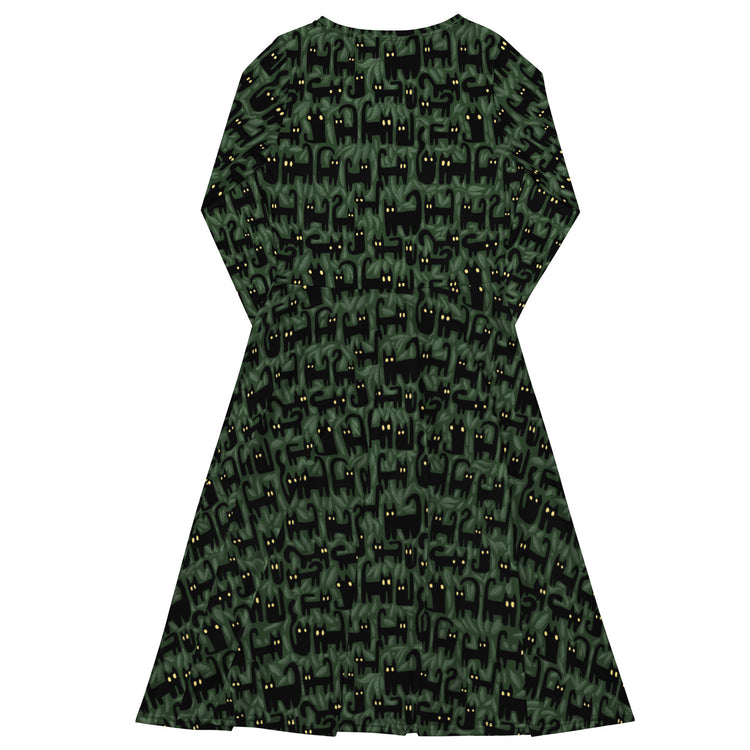 Nerdy Cats in the Leaves Long Sleeve Midi Dress