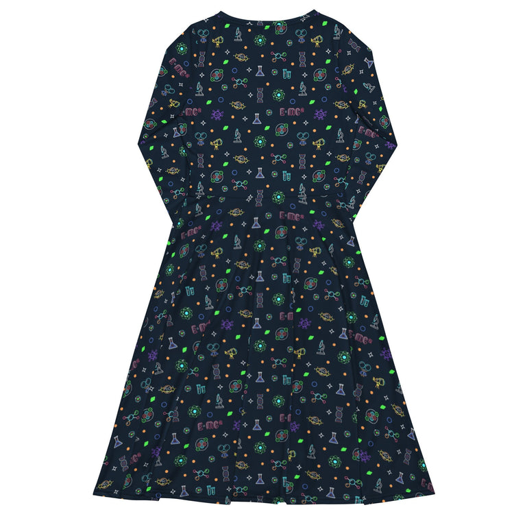 Nerdy Science DNA Molecules Dark Navy Long Sleeve Midi Dress