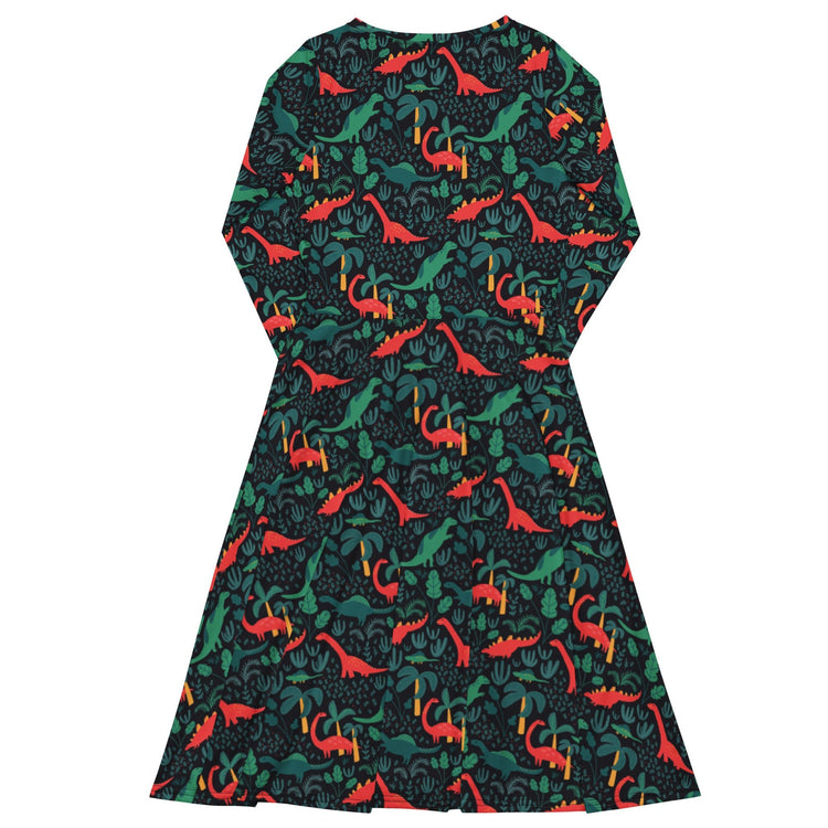 Nerdy Tropical Dinosaur Green Aloha Long Sleeve Midi Dress