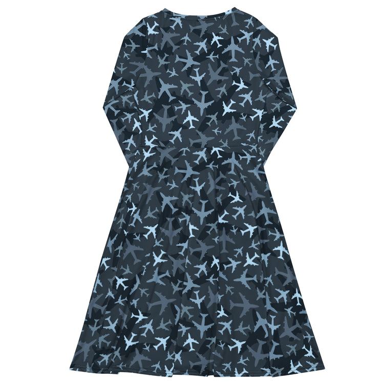 Nerdy Airplanes Blue Camouflage Blue Long Sleeve Midi Dress