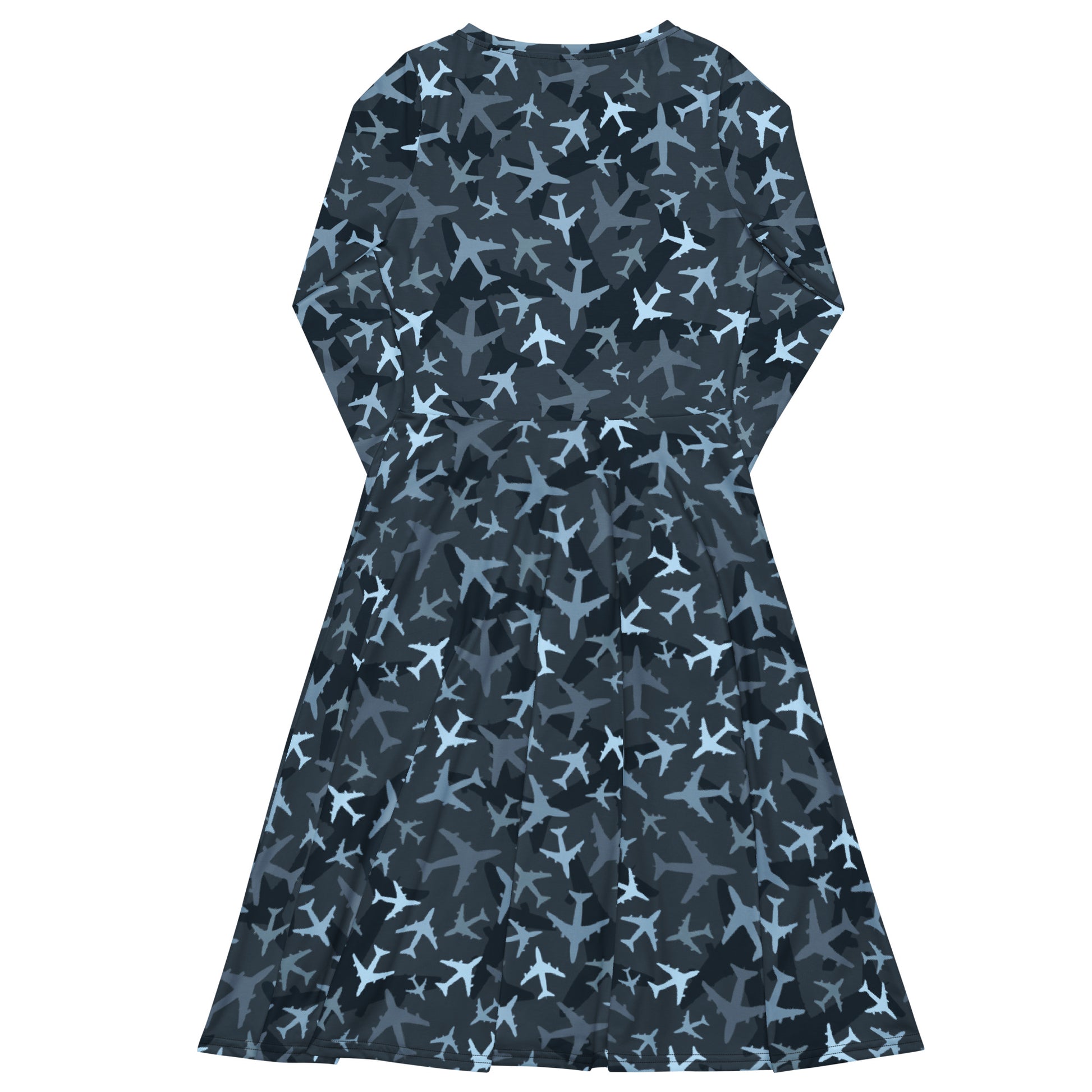 Airplanes Blue Camouflage Blue Long Sleeve Midi Dress 8