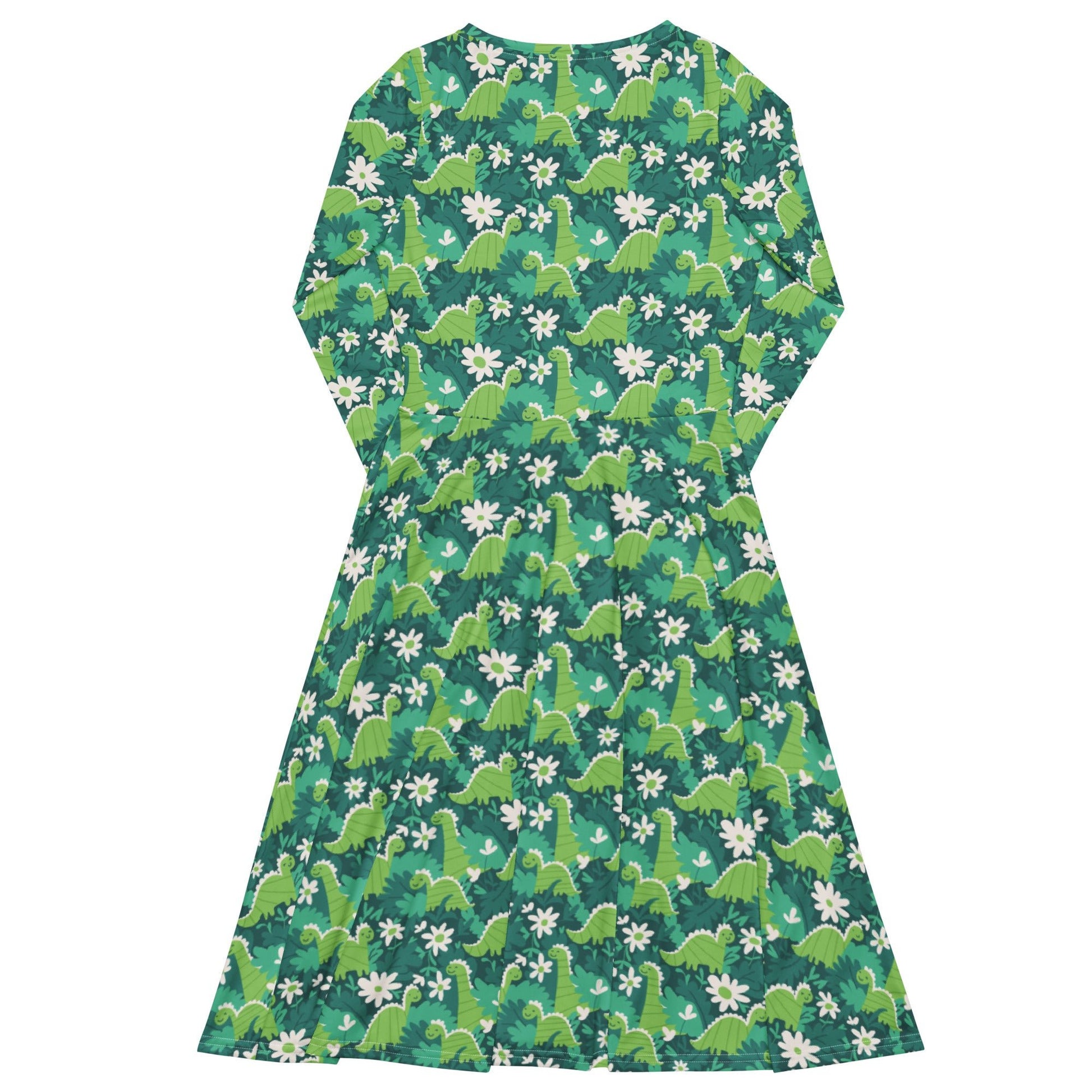 Dinosaur Smiles Flowers and Leaves Long Sleeve Midi Dress 8