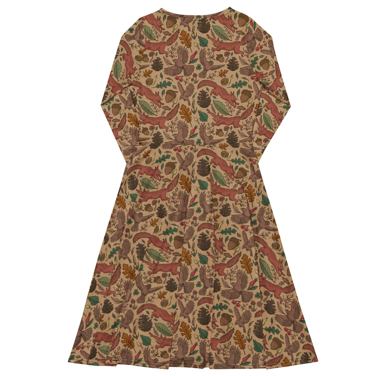 Nerdy Fall Squirrel Long Sleeve Midi Dress