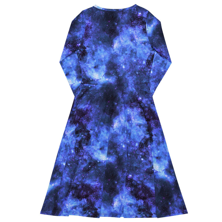 Nerdy Blue Purple Nebula Space Long Sleeve Midi Dress