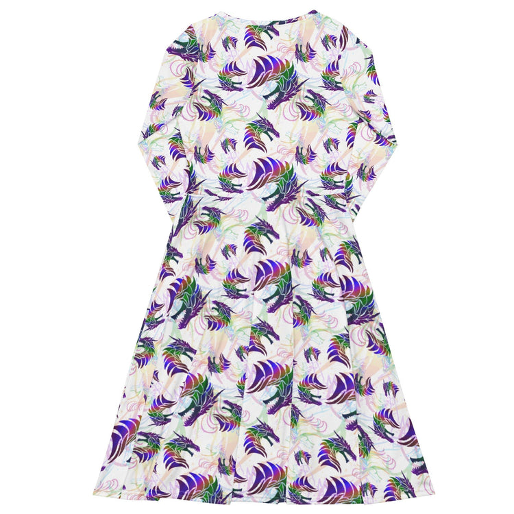 Nerdy Rainbow Dragons and Unicorns Long Sleeve Midi Dress
