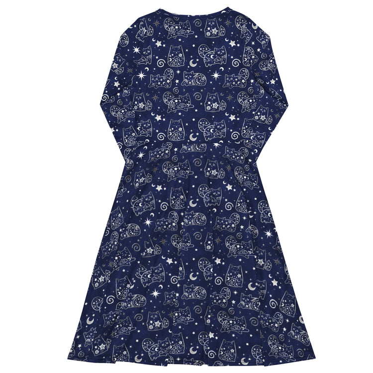 Nerdy Star Cats Long Sleeve Midi Dress