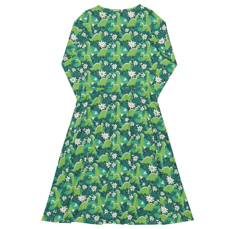 Nerdy Dinosaur Smiles Flowers and Leaves Long Sleeve Midi Dress