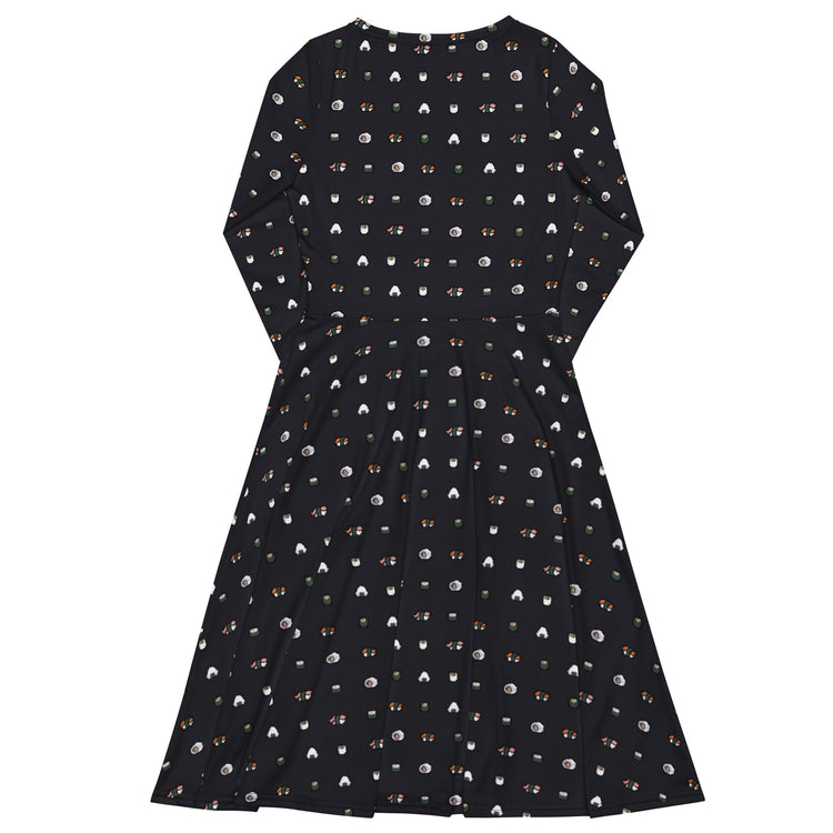 Nerdy Anime Sushi Rolls Dark Long Sleeve Midi Dress