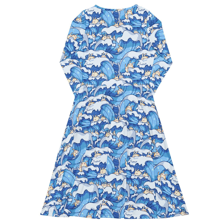 Nerdy Surfer Bunnies Anime Long Sleeve Midi Dress