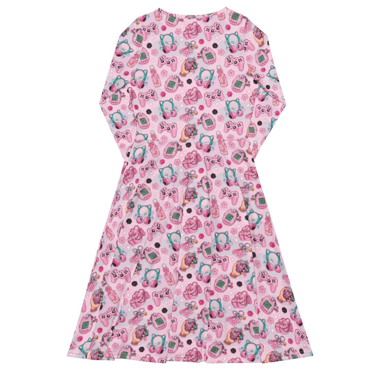 Nerdy Anime Gamer Items Pink Long Sleeve Midi Dress