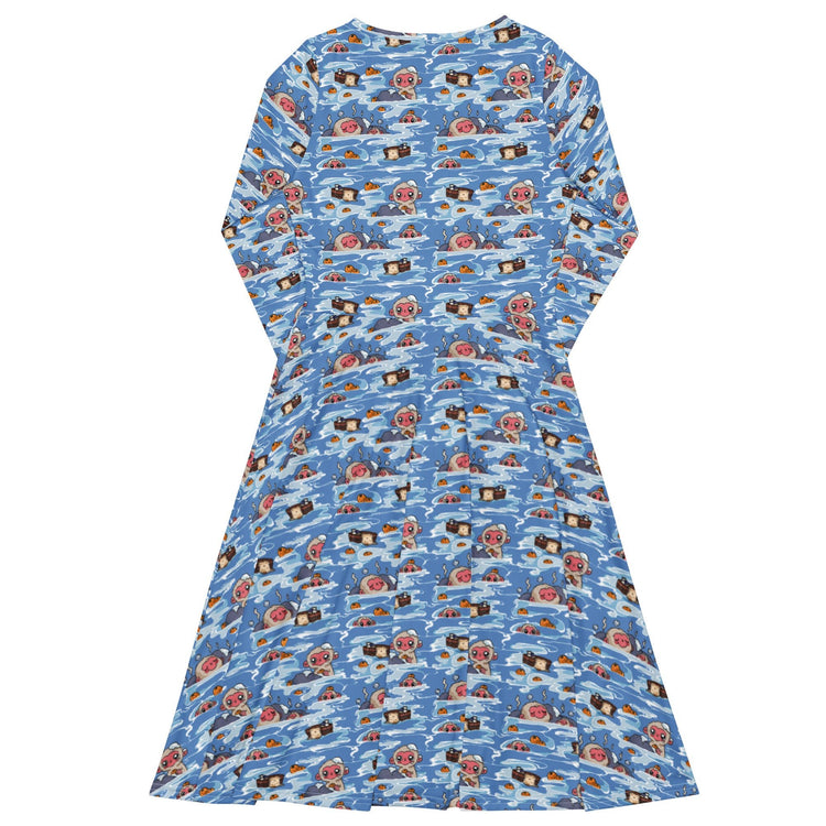 Nerdy Onsen Snow Monkeys Long Sleeve Midi Dress
